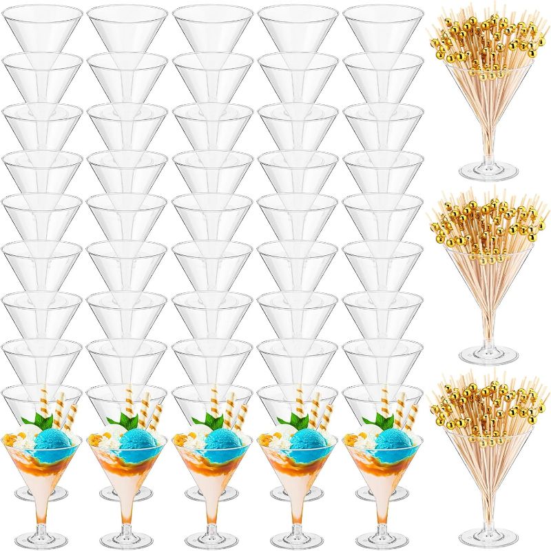 Photo 1 of 100 Pcs Clear Plastic Martini Glasses and Gold Pearl Cocktail Picks Set Disposable Cocktail Glasses Plastic Martini Cups Clear Mini Dessert Glasses for Weddings Party Wine Appetizers Food (7 oz)
