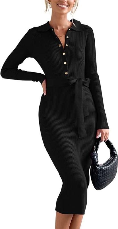 Photo 1 of BTFBM 2023 Women V Neck Long Sleeve Bodycon Sweater Dress Button Up Tie Waist Ribbed Knit Midi Pencil Dresses with Belt
small 