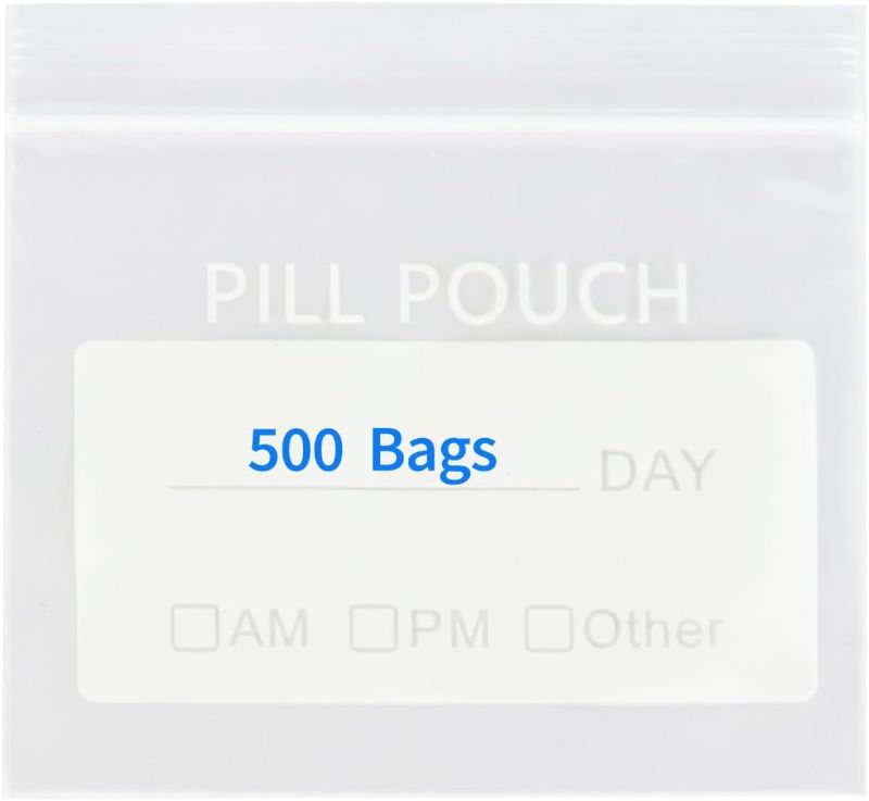 Photo 1 of 500Pcs Pill Pouch Bags 3" x 2.75" - BPA-Free, Pill Organizer Plastic Travel Vitamine Bags, Daily AM PM Travel Medicine Organizer Storage Pouches, Clear Ziplock Pill Baggies with Write-on Label
