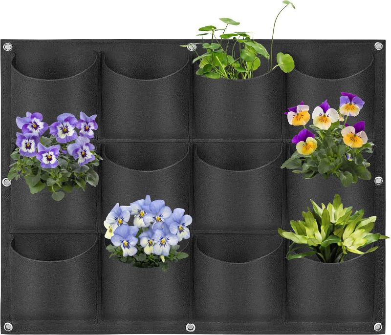 Photo 1 of 12 Pockets Hanging Planter Bags, Hanging Vertical Wall Mounted Plant Planting Grow Bags, Herb Garden Planter Outdoor Indoor Growing Bag, Gardening Vertical Greening Flower Container(0.6m×0.8m, Black)
