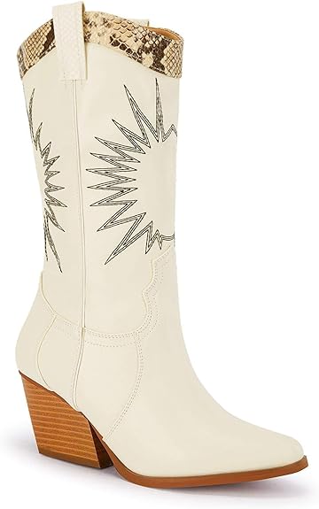 Photo 1 of Coutgo Womens Western Cowboy Knee High Boots Wide Calf Chunky Stack Heel Pointed Toe Cowgirl Embroidered Mid-Calf Boots
10