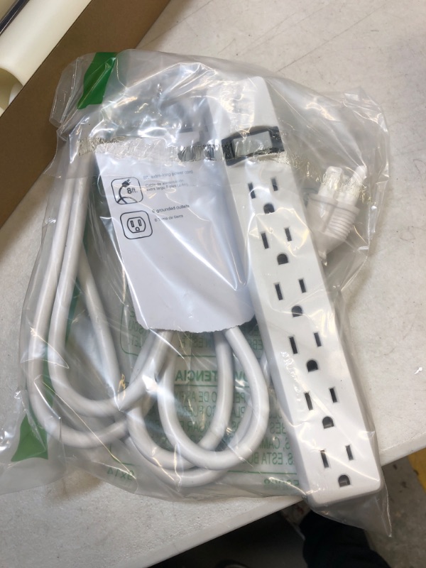 Photo 2 of GE home electrical 6-Outlet Power Strip, 8 Ft Extension Cord, Heavy Duty Plug, Grounded, Integrated Circuit Breaker, 3-Prong, Wall Mount, UL Listed, White, 67122