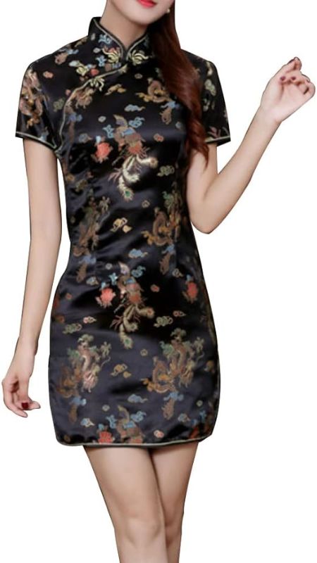 Photo 1 of Cheongsam Dress for Women Qipao Slim Fit Short Sleeve Bodycon Mandarin Collar Side Slit Chinese Floral Print Dragon Dress
