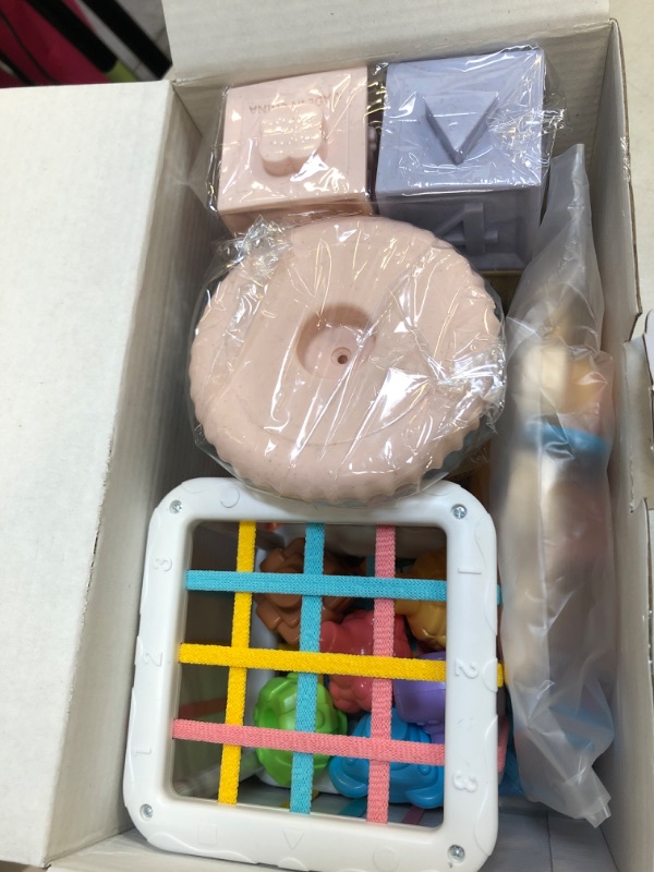 Photo 1 of 5 In 1 Baby Montessori Toys 6+ Months,Sorting&Stacking Toys For Infant&Toddler,Include Shape Sorter&Sensory Bin,Pull String Toys,Stacking Blocks&Cups,Baby Sensory Book,Christmas & Birthday Gift Baby Toys
