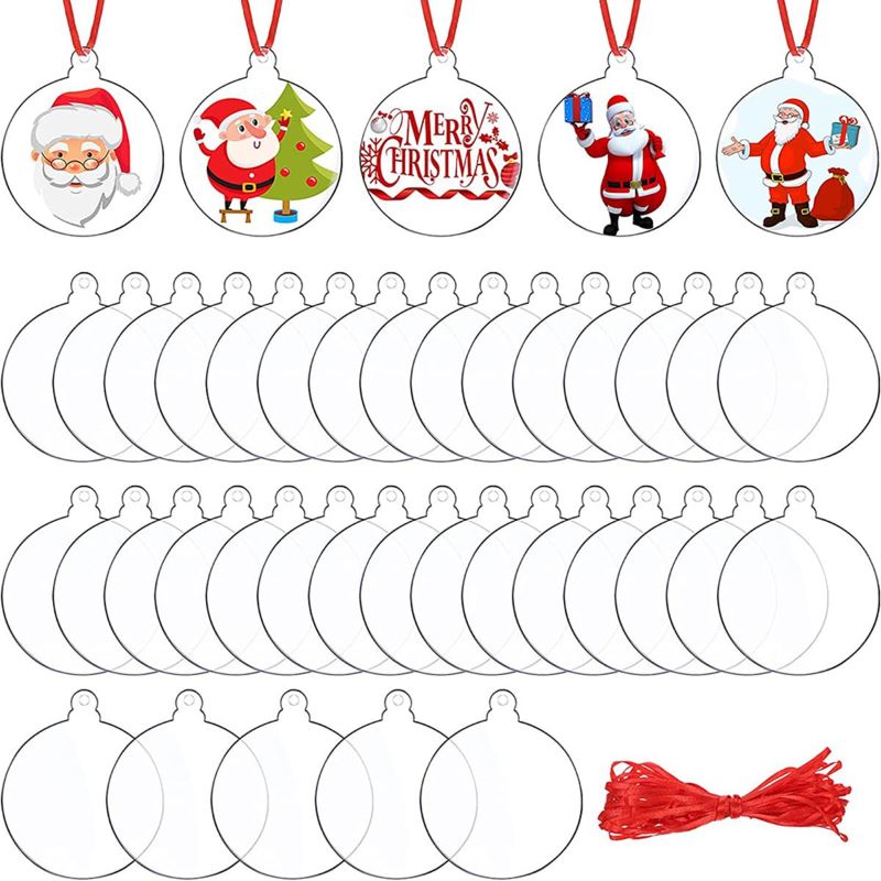 Photo 1 of 24 PCS Acrylic Ornament Blanks, 3.9 Inch Christmas Round Acrylic Sheets, Acrylic Disc with Hole, Acrylic Ornaments with Ribbons for Halloween Christmas Thanksgiving Day DIY Projects Crafts 2 PACK 