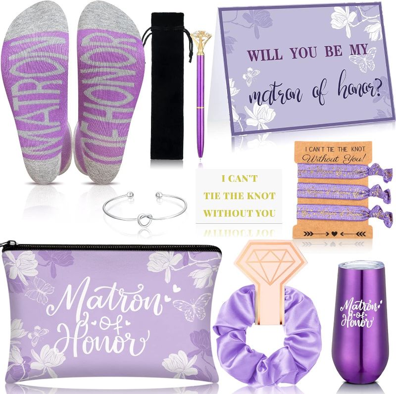 Photo 1 of 13Pcs Bridesmaid Proposal Gifts Maid of Honor Gifts Matron of Honor Gift Will You Be My Bridesmaid Gift Box Set Wine Tumblers Socks Scrunchie Pen for Wedding Bachelorette Party Supply (Stylish)
