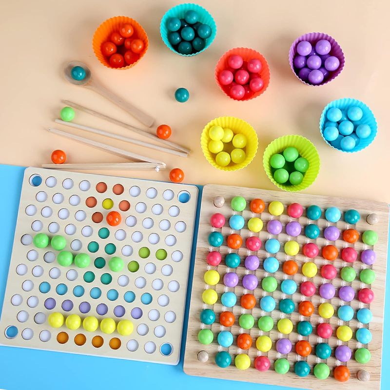 Photo 1 of 4 in 1 Wooden Board Bead Game,Montessori Rainbow Puzzle Sorting Stacking Toy, Kids Learning Math Games,Great Gift for Girls and Boys
