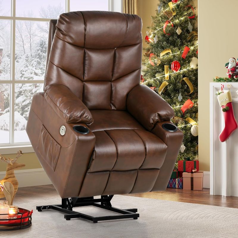 Photo 1 of YITAHOME Electric Power Lift Recliner Chair for Elderly, Leather Recliner Chair with Massage and Heat, Spacious Seat, USB Ports, Cup Holders, Side Pockets, Remote Control (Brown)
