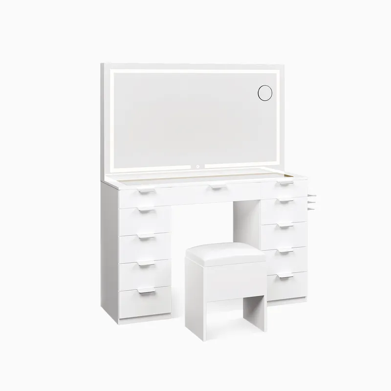 Photo 1 of 46" Modern Makeup Vanity with 11 Drawers LED Lighted Mirror & Power Outlet, White & Black
