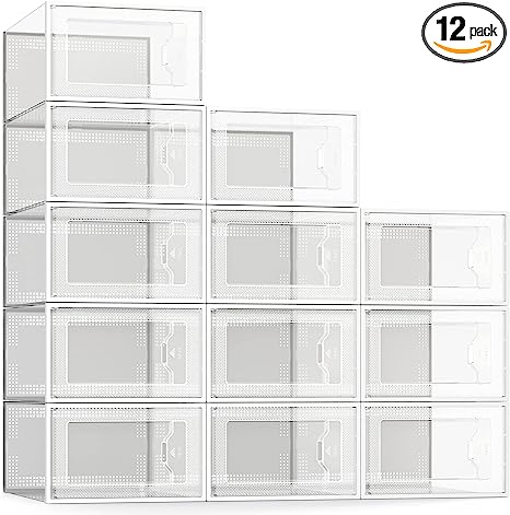 Photo 1 of SEE SPRING Large 12 Pack Shoe Storage Box, Clear Plastic Stackable Shoe Organizer for Closet, Space Saving Foldable Shoe Rack Sneaker Container Bin Holder
