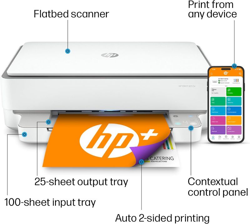 Photo 1 of HP ENVY 6055e Wireless Color Inkjet Printer, Print, scan, copy, Easy setup, Mobile printing, Best-for-home, Instant Ink with HP+,white
