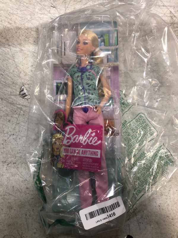 Photo 2 of Barbie Nurse Blonde Doll (12-in) with Scrubs Featuring a Medical Tool Print Top & Pink Pants, White Shoes & StethoscopeAccessory, Great Gift for Ages 3 Years Old & Up
