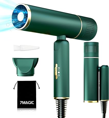 Photo 1 of 7MAGIC Fast-drying Hair Dryer, Foldable Ionic with Storage Bag for Travel, Lightweight Portable Hairdryer for Women & Men, Negative , 2 Heating/Cold/2 Speed Settings, Green
