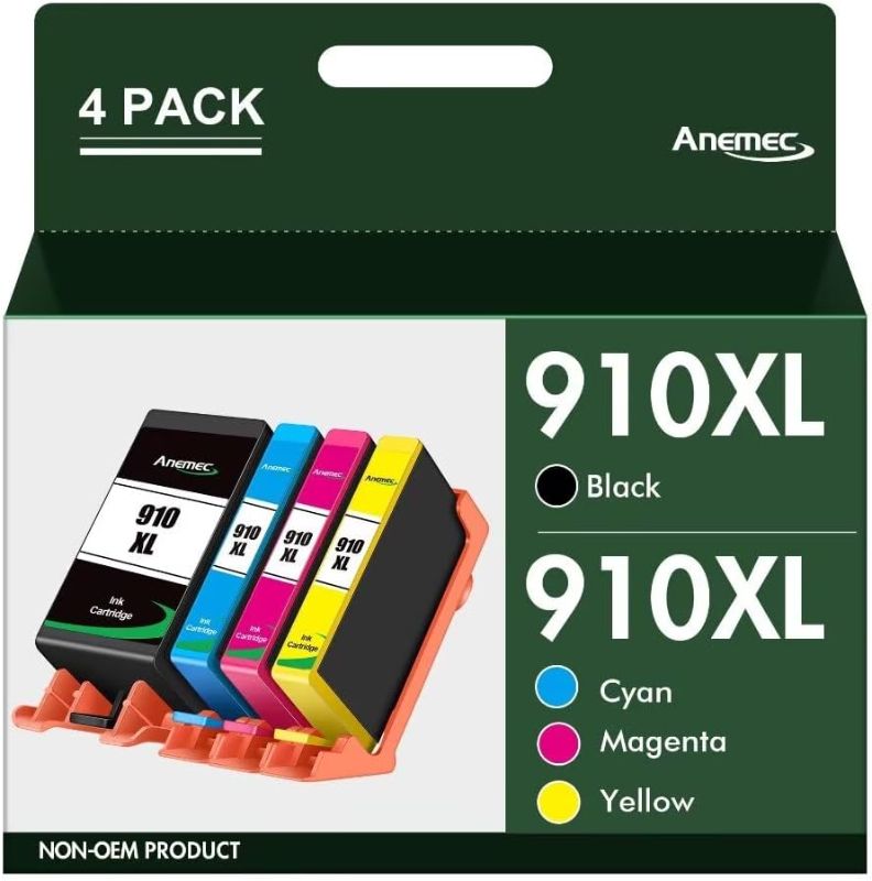 Photo 1 of Anemec 910XL Ink Cartridges Combo Pack Replacement for HP Ink 910 XL Compatible with OfficeJet Pro 8020 8025 8028 8035 8030 8010 8015 8018 8022 Printer (1 Black,1 Cyan,1 Magenta,1 Yellow)
