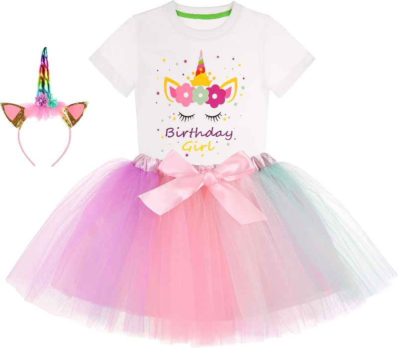 Photo 1 of Nuehoryu Unicorn Birthday Girl Outfit Tutu Skirt Dress Birthday Girl T-Shirt with Unicorn Headband for 9-10 Years 
