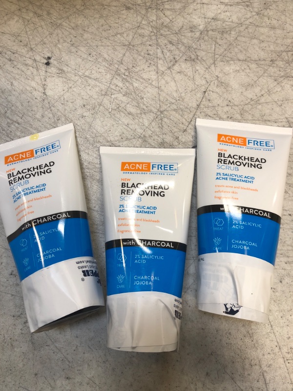Photo 1 of 3 pack 
Acne Free Blackhead Removing Scrub with Salicylic Acid, Charcoal, and Jojoba, Exfoliates Skin, Fragrance-Free, Formulated for Acne-Prone Skin, Maximum Strength, 5 Ounce 1 Pack