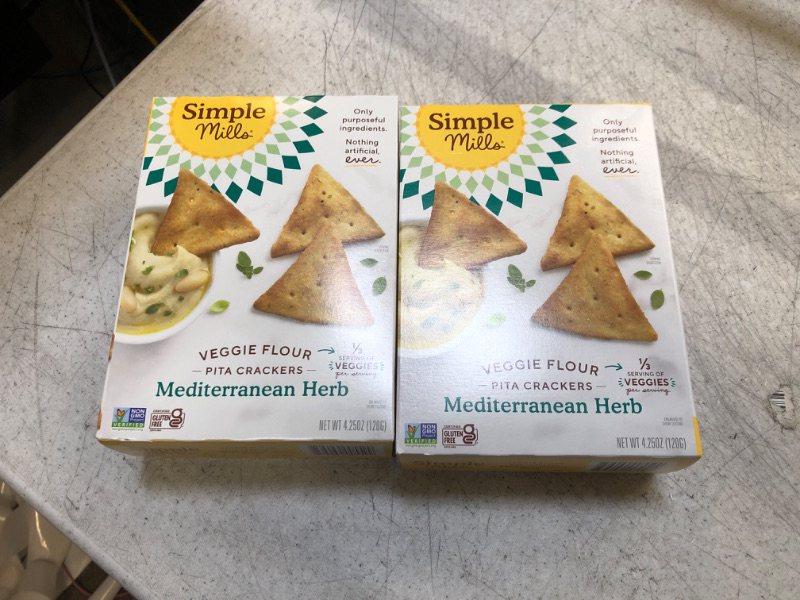 Photo 2 of 2pack 
expired 12/19/23
Simple Mills Veggie Flour Pita Crackers, Mediterranean Herb - Gluten Free, Vegan, Healthy Snacks, Paleo Friendly, 4.25 Ounce (Pack of 1) Mediterranean Herb 4.25 Ounce (Pack of 1)