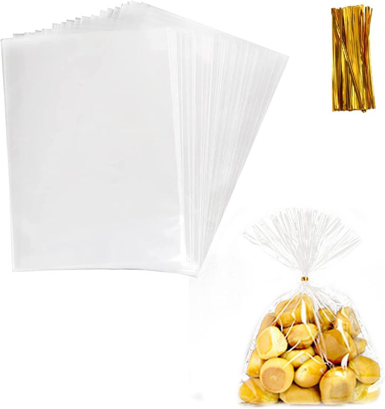 Photo 1 of 100 PCS Clear Cellophane Treat Bag 4.7"X6.6" with 100 Twist Ties for Cookie Candy Bakery Favors Products Gift
