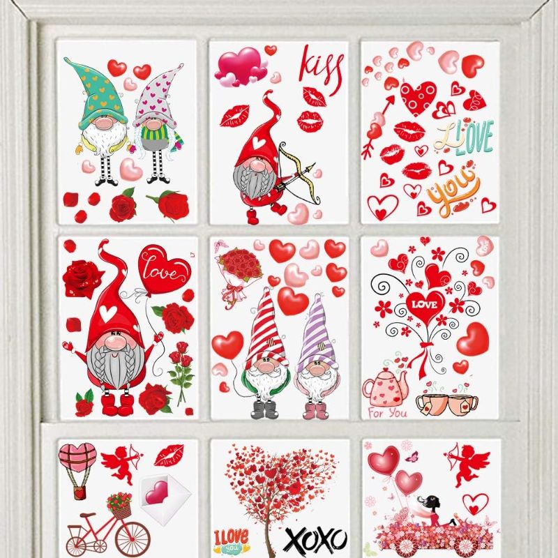 Photo 1 of 149Pcs Valentine's Day Window Clings Decorations Heart Decal Party Ornaments Supplies 9 Sheets Removable Vinyl Window Sticker Decals for Home, Valentines Party, Wedding, Anniversary Decorations
