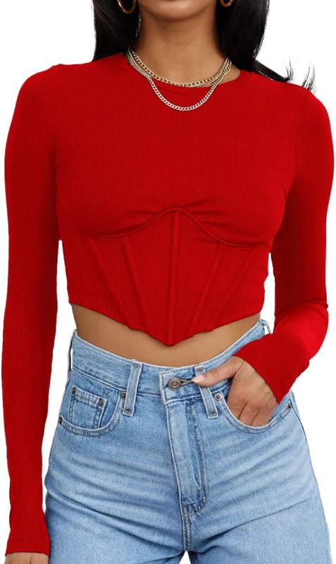 Photo 1 of Kelyne Women Ribbed Long Sleeve Party Going Out Crop Tops for Women Cute Corset Cropped Sexy Fall Shirts- SIZE XS 
