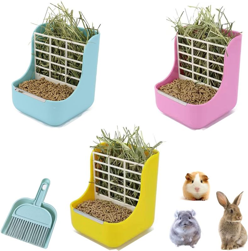 Photo 1 of 3pcs Rabbit Hay Food Bin Feeder, 2 in 1 Hanging Automatic Guinea Pig Hay Feeder Dispenser Grass & Food Bunny Bowl Manger Rack for Guinea Pig Rabbit Chinchilla with Mini Broom & Dustpan
