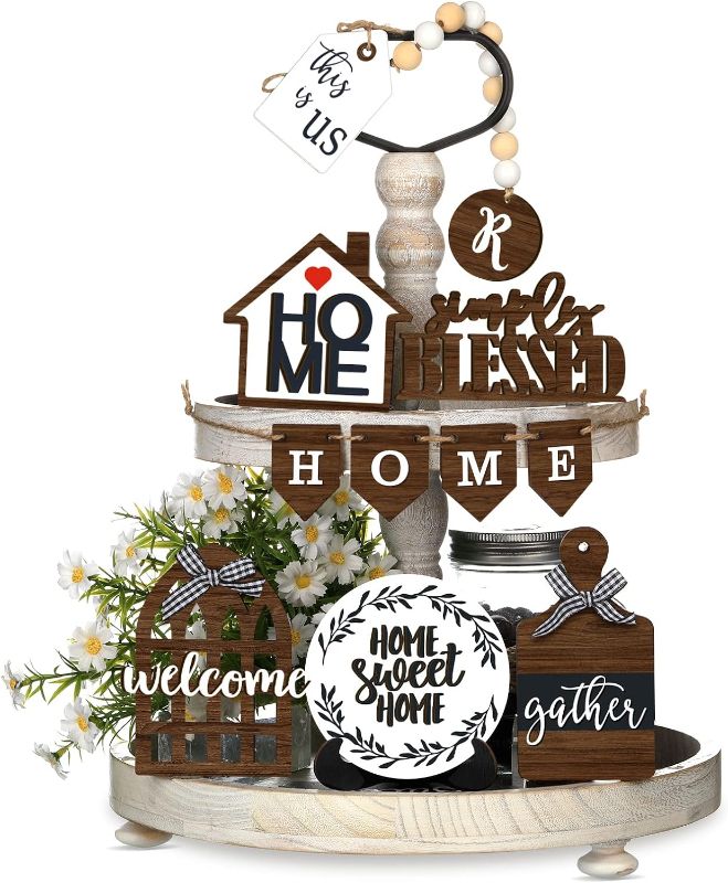 Photo 1 of 11 Pieces Farmhouse Tiered Tray Decor Home Wood Sign Rustic Home Sweet Home Simply Blessed Wooden Beads Tiered Tray Decorations Set for Home Kitchen Table Shelf (Farmhouse Style)
