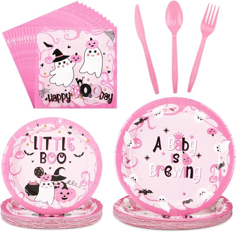 Photo 1 of Bokon 96 PCS A Baby is Brewing Baby Shower Pink Halloween A Baby is Brewing Plates and Cups for Happy Boo Day Gender Reveal Decorations 24 Guests
