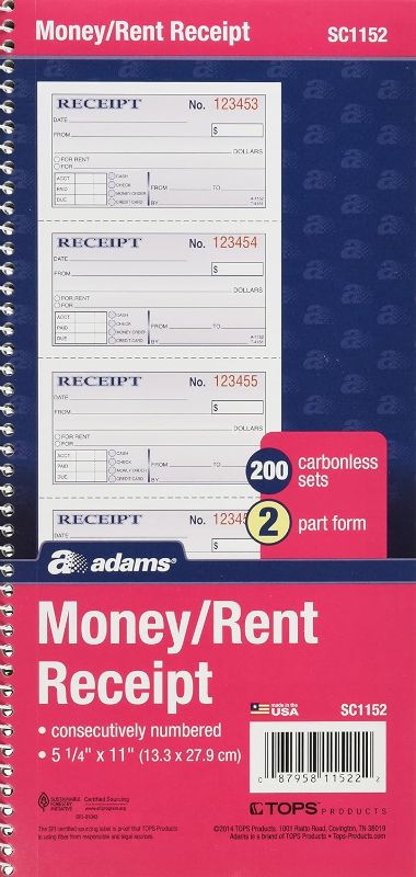 Photo 1 of Adams Money and Rent Receipt Book, 2-Part Carbonless, 5-1/4" x 11", Spiral Bound, 200 Sets per Book, 4 Receipts