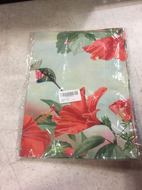 Photo 2 of 12"x18" Hummingbird Summer Garden Flag Red Hibiscus Small Garden Flag Vertical Double Sided Rustic Burlap Yard Lawn Decor - Perfect for Seasonal Outdoor Decor