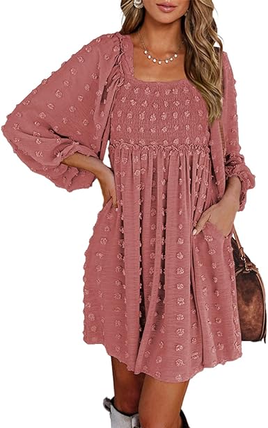 Photo 1 of BTFBM Women Square Neck Smocked Summer Fall Dresses 2023 Long Sleeve Floral Swiss Dot Ruffle Party Mini Babydoll Dress- SIZE M 
