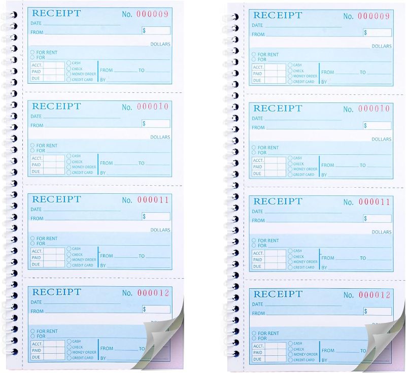 Photo 1 of 2 Pack Receipt Book with Carbon Copies,Money and Rent Receipt Book,3-Part Carbonless,5.31" x 11.22",100 Sets per Book
