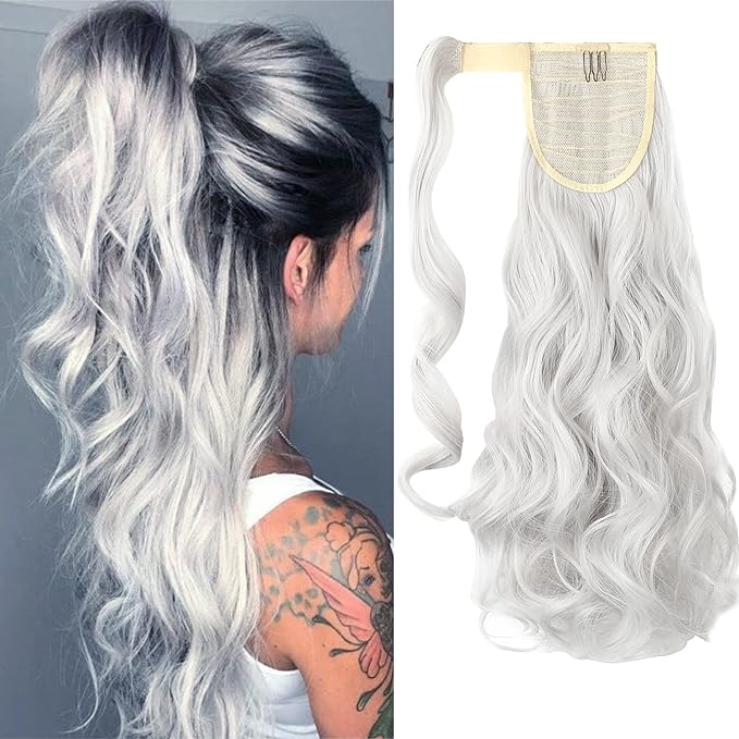 Photo 1 of FELENDY 18" 20" 22" 24" Ponytail Extension Curly Wavy Straight Drawstring Hairpiece Wrap Around Long Synthetic Hair for Women(Light Silver)
