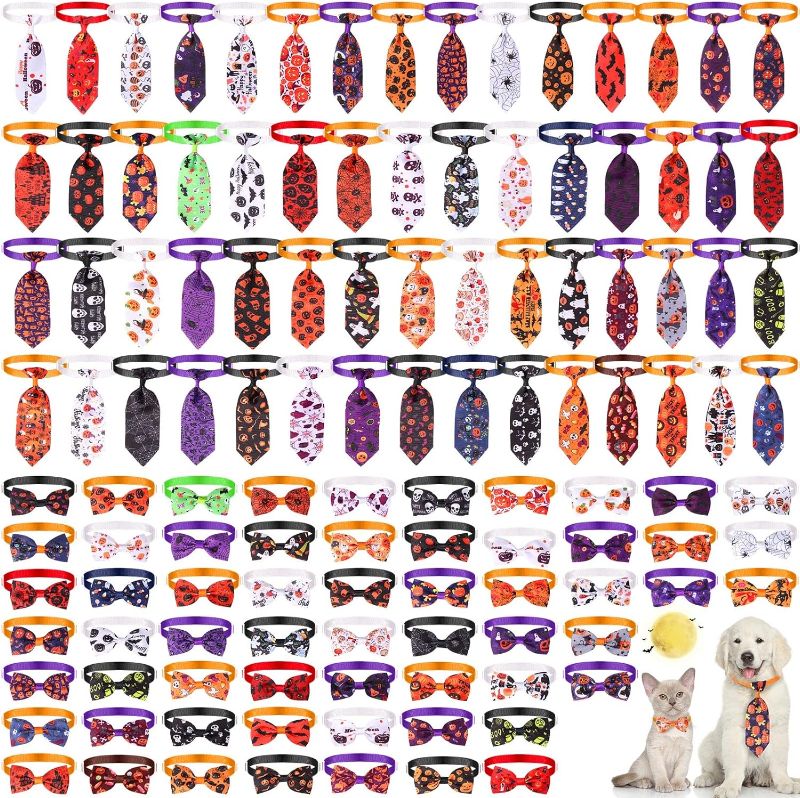 Photo 1 of 120 Pieces Halloween Pets Dog Bow Tie Dog Pumpkin Grooming Bows Adjustable Dog Ties Collar Cat Bow Ties Neck Ties Dog Bowties Collar for Dogs Cats Puppy Pets Halloween Grooming Accessories
