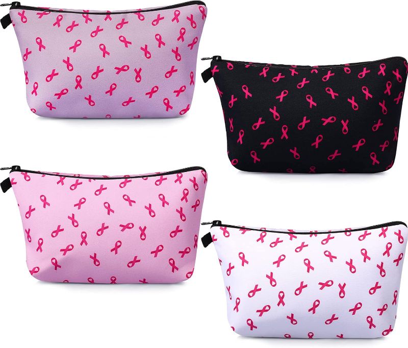 Photo 1 of 4 Pieces Breast Cancer Awareness Makeup Bags for Women Pink Ribbon Zipper Canvas Pouches Breast Cancer Gifts Cancer Support Travel Cosmetic Bags Survivor Gift for Charity Event Favors Supplies
