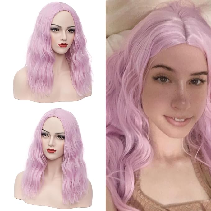 Photo 1 of DWMGLP 18" Long Pink Purple Curly Wavy Wig For Women Heat Resistant Fiber Wigs Halloween Cosplay Daily Party+Cap (Pink Purple)
