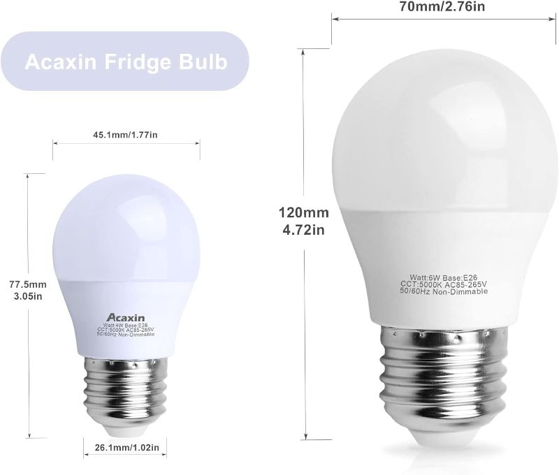 Photo 1 of Acaxin LED Refrigerator Light Bulb 4W 40Watt Equivalent, Waterproof Replacement for Frigidaire, Freezer IP54, 120V E26 Daylight White 5000K 400 Lumen, A15 Appliance Bulb
