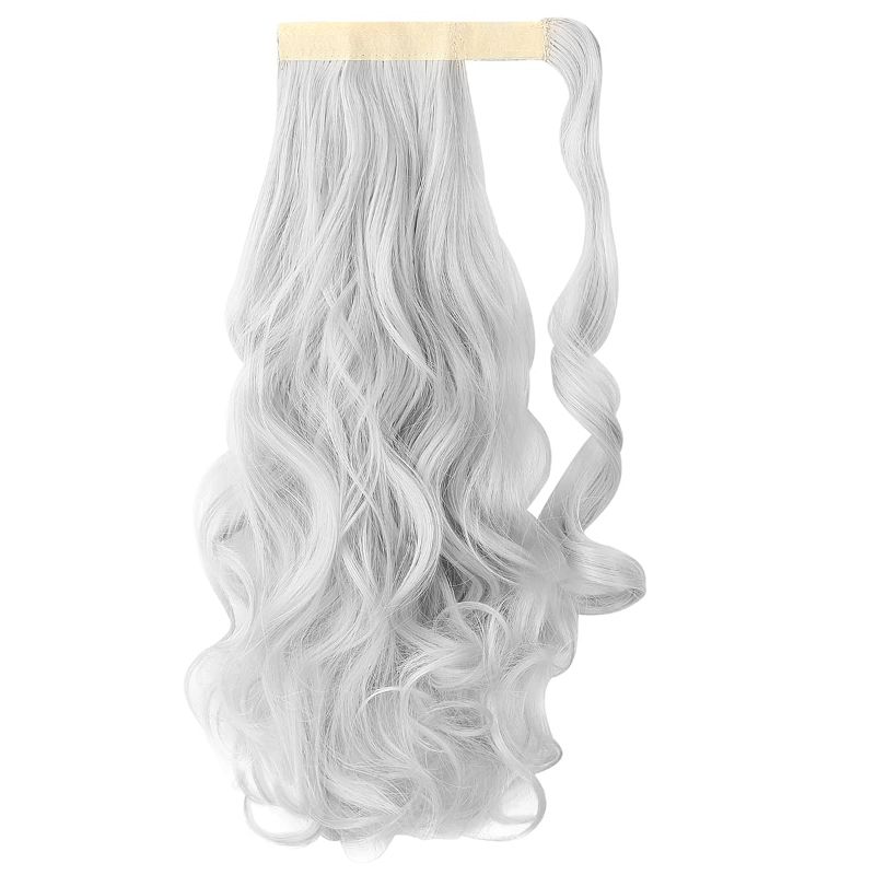 Photo 1 of FELENDY 18" 20" 22" 24" Ponytail Extension Curly Wavy Straight Drawstring Hairpiece Wrap Around Long Synthetic Hair for Women(Light Silver)
