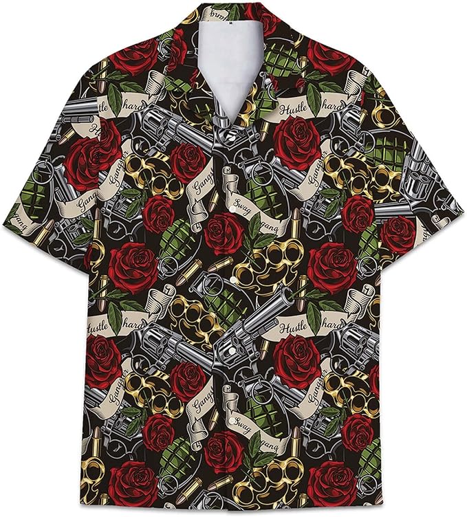 Photo 1 of Ethynesa Mens Floral Button Down Shirt Rose Pistol Black Mens Short Sleeve Floral Shirt Hawaiian Shirt for Men Unisex- SIZE XL 
