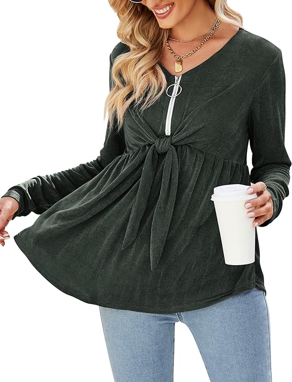 Photo 1 of JoyJoy Empire Waist Half Zip Up Tie Front Knot Tunic Dressy Baby Doll Tops for Women Plus Size Shirts Green- SIZE XL 
