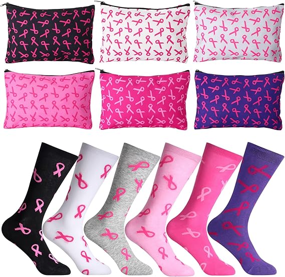 Photo 1 of Jeyiour 12 Pcs Breast Cancer Survivor Gifts for Women 6 Breast Cancer Makeup Bags 6 Pink Ribbon Breast Cancer Awareness Socks for Cancer Support Gift (Ribbon)