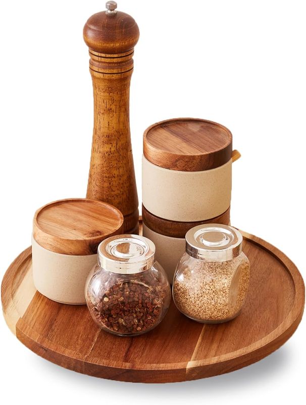 Photo 1 of 12" Acacia Wooden Lazy Susan Organizer for Kitchen Turntable Rotating Spice Rack Cake Stand Suitable for Home Decor, Dining Table Centerpiece, Spices Fruits Makeup Organization Decoration Brown
