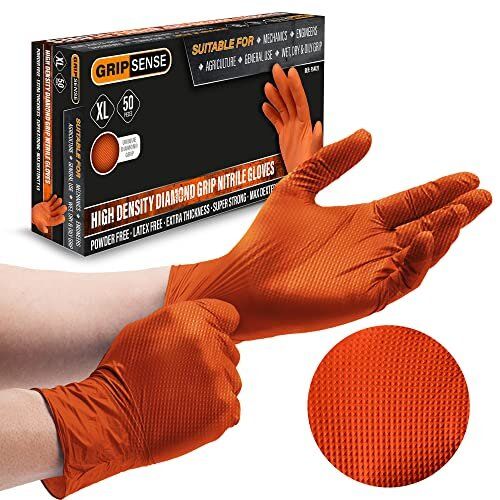 Photo 1 of GripSense Nitrile Gloves (Pack of 50) - High Density Diamond Grip Orange Gloves - Latex & Powder Free Orange Nitrile Gloves X Large