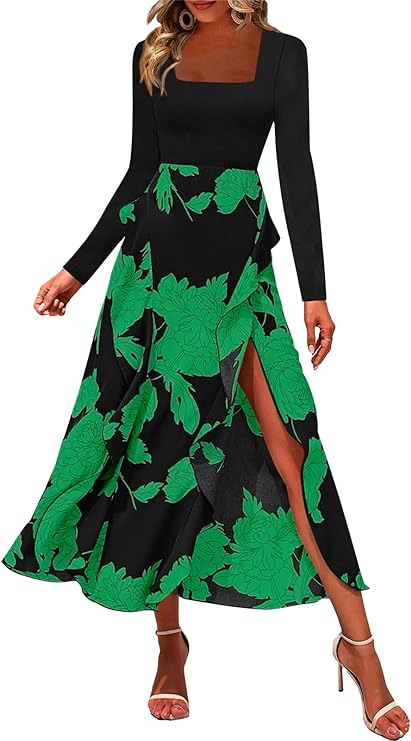 Photo 1 of Fisoew Women's Floral Long Sleeve Boho Dress Casual Spuare Neck Ruffle Slit Party Midi Dresses- SIZE XL 
