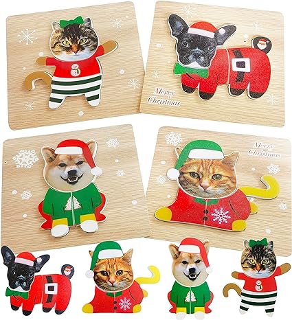 Photo 1 of 4 Pack Christmas Wooden Puzzles,Dog Cat Jigsaw Puzzles for Kids Educational Preschool Toys Christmas Toys Party Favors Xmas Decorations(Christmas)
