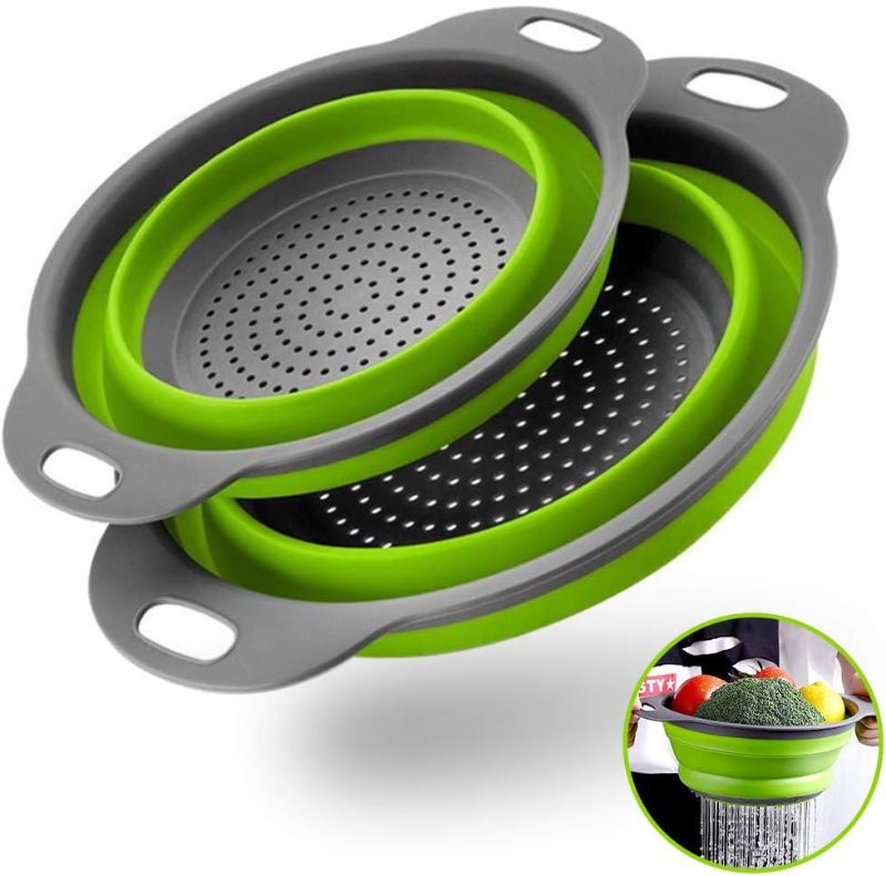 Photo 1 of ACOHICE Collapsible Colander Basket 2 of Set?Vegetables Fruit Washing Basket Drain Tool?Small & Big Size Silicone Telescopic Colander with Handle For Kitchen/Home/Round Shape 3 Color (Green)
