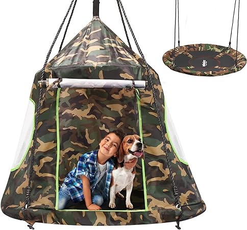Photo 1 of Zupapa Hanging Tree Swing, 2 in 1 Detachable Saucer Tree Swing Play House Tent for Kids, Max Capacity 400 LBS for Indoor Outdoor Use, Tree Straps Included(Camouflage)
