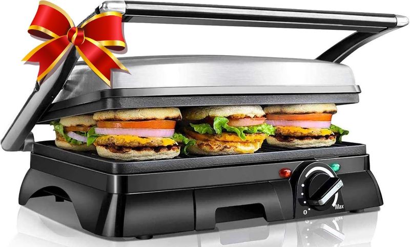 Photo 1 of Aigostar Panini Press Grill, 4 Slice Panini Maker with Temperature Control, 3-IN-1 Sandwich Maker Indoor Grill with Large Non-Stick Plates, Opens 180 Degrees for All Size, Removable Drip Tray, 1400W
