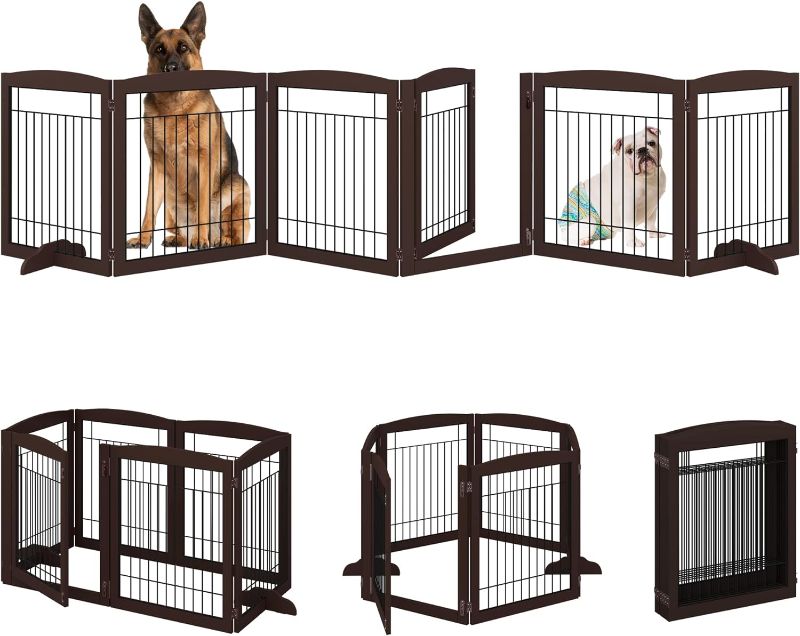 Photo 1 of 4NM No-Assembly Folding 96" Extra Wide 30" Tall Wooden Dog Gate with Door Walk Through, Freestanding Wire Pet Gate, Accordion Puppy Gate, with 2PCS Support - White 4-Panel with Door White & Black