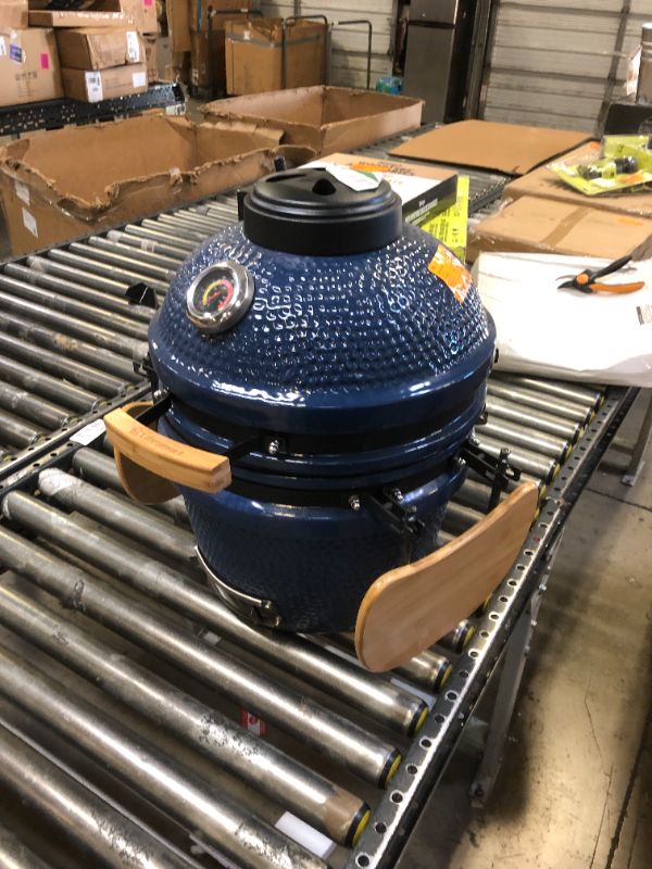 Photo 2 of 15 in. Kamado Ceramic Charcoal Grill in Blue with Free Cover, Electric Starter and Pizza Stone - TOP HALF 
