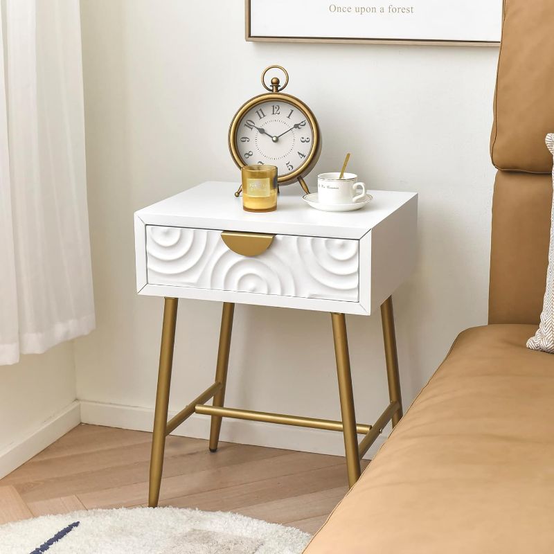 Photo 1 of BHG Modern Style of Growth Rings White End Table Nightstand with 1 Drawer Side Table with Storage Shelf Small Table for Bedroom
